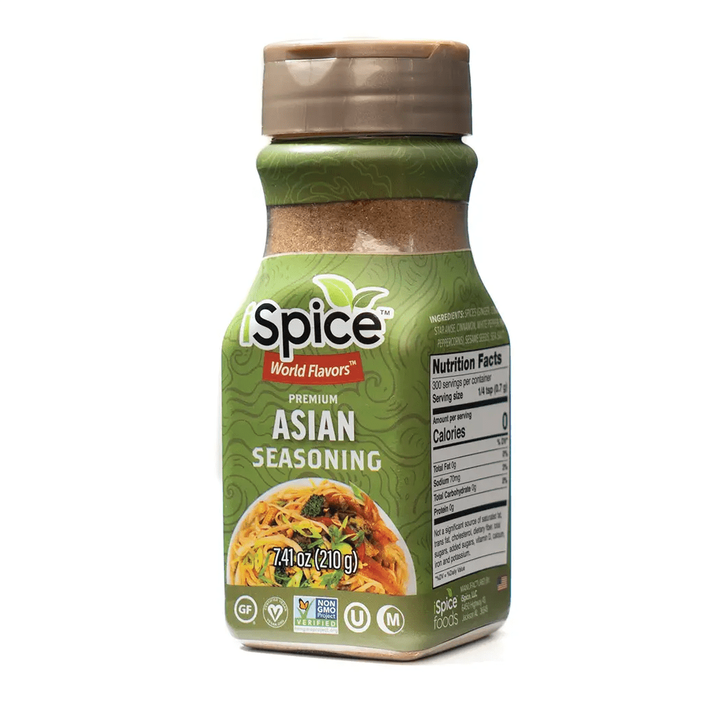 Jar of Asian seasoning blend on a kitchen counter.