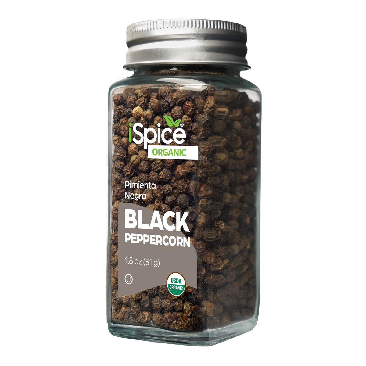 Organic black peppercorns in a clear jar, perfect for seasoning and enhancing your dishes.